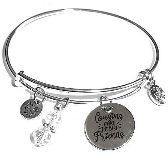 Women's Stainless Steel Message Charm Expandable Wire Bangle Bracelet, Popular, Stylish and Trendy, Arrives in a Gift Box. (Cousins Make The Best Friends)