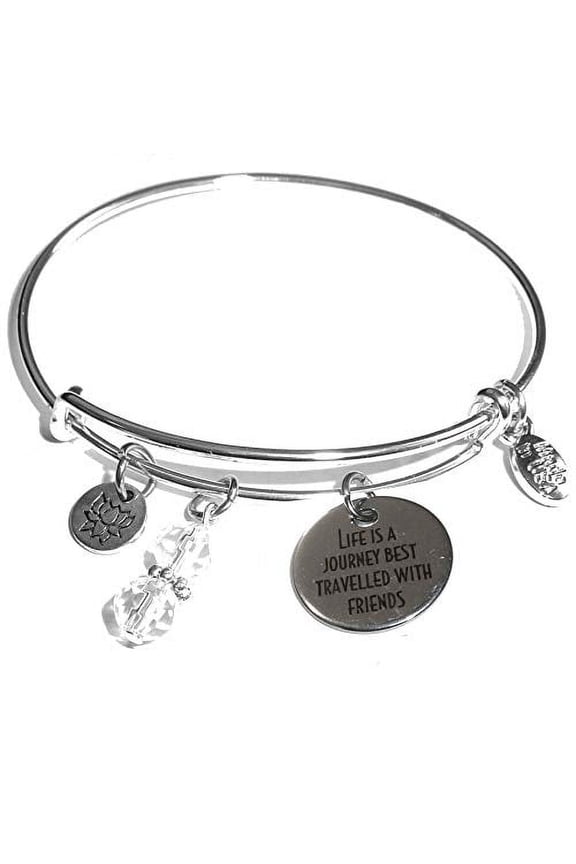 Women's Stainless Steel Message Charm Expandable Wire Bangle Bracelet, Popular, Stylish and Trendy, Arrives in a Gift Box. (Life Is a Journey, Better Traveled With Friends)