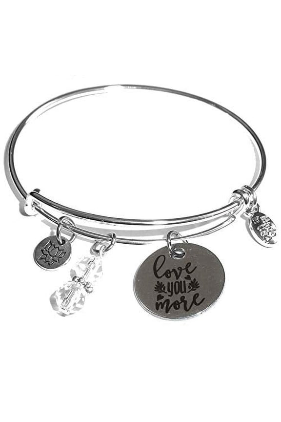 Women's Stainless Steel Message Charm Expandable Wire Bangle Bracelet, Popular, Stylish and Trendy, Arrives in a Gift Box. (Love You More)