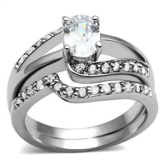 Women's Stainless Steel Oval CZ Engagement Wedding 2 PC Promise Ring Set