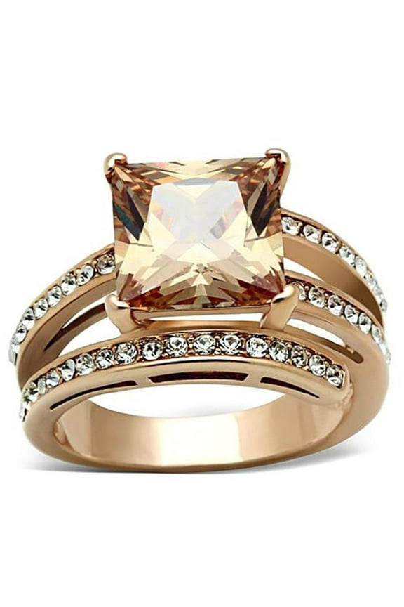 Women's Stainless Steel Rose Gold Princess Cut Champagne Zirconia Cocktail Ring Size 7