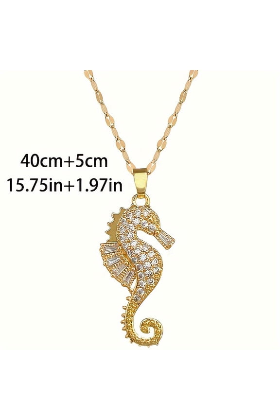 Women's Stainless Steel Seahorse Pendant Necklace with Rhinestones, Elegant Holiday Jewelry Gift for Ages 14+, Plated for Durable,Gold