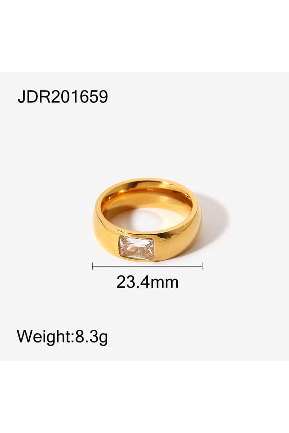 Women's Stainless Steel Ring 18K Gold Electroplated with Transparent Rock Sugar Square Diamond and Geometric Design for