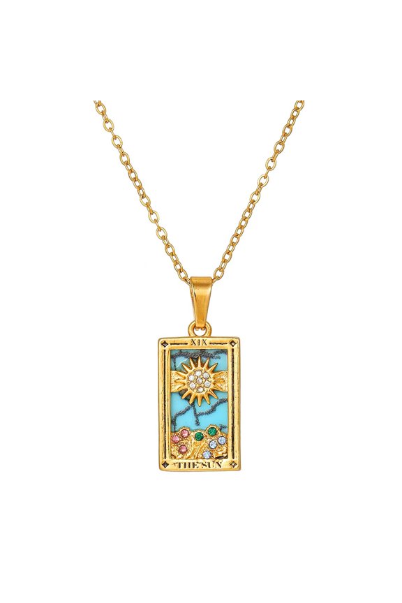 Women's Stainless Steel Tarot Card Necklace, Rectangular Zirconia Pendant Collar Chain