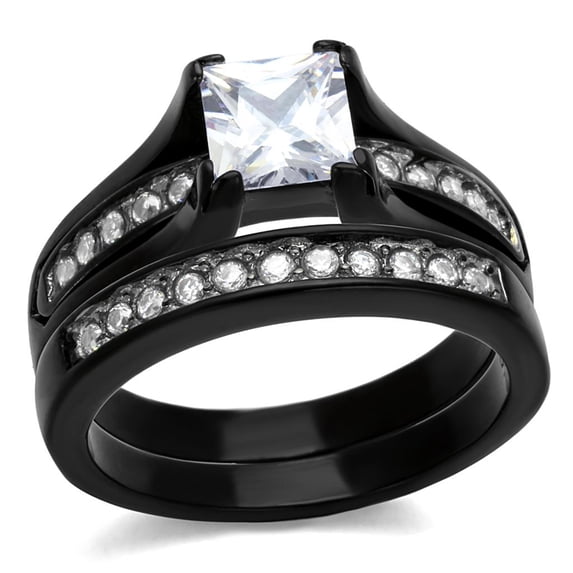 Women's Stainless Steel Two-Tone IP Black 7.60(g) CZ Clear Ring Set