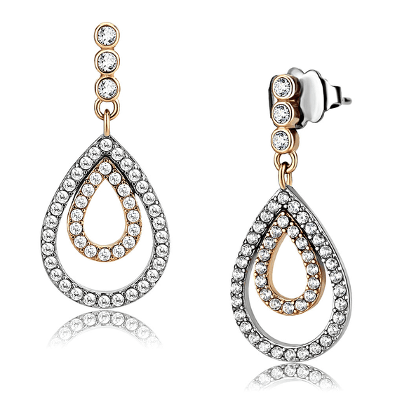 Women's Stainless Steel Two-Tone IP Rose Gold CZ Clear Earrings