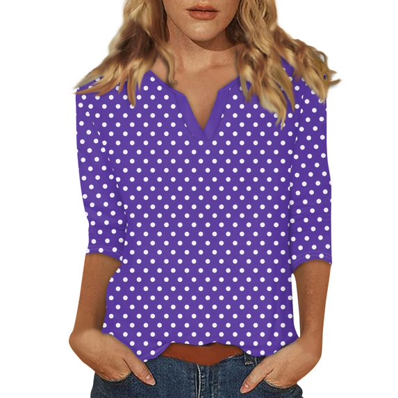 Women's Stand Collar 3/4 Sleeve T-Shirt with Polka Dot Print, Modern Casual Top for Effortless Layering and Stylish Everyday Looks,Purple S