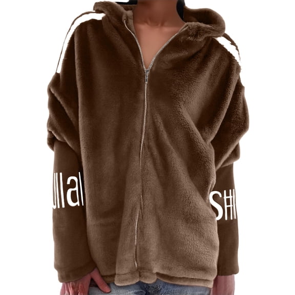 Women's Stand Collar Baseball Jacket, Double Faced Plush Coat, Soft Faux Fur Lined Outerwear, Loose Fit Warm Winter Coat, Sporty Stripe Sleeve Design, Casual Luxury Style Coffee M