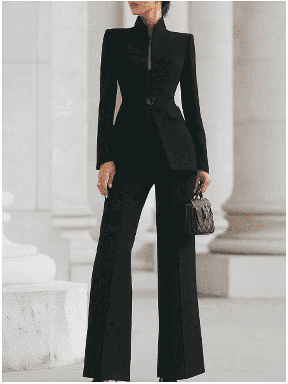 Women's Stand Collar Blazer Flared Pants 2 Piece Suit Set, Elegant Black Single Button Fitted Jacket High Waist Wide Leg Trousers Formal Business Outfit