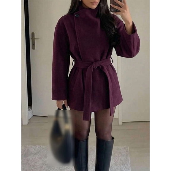 Women's Stand Collar Button Front Long Sleeve Belted Waist Fitted Short Coat Elegant Office Work Commute Outerwear