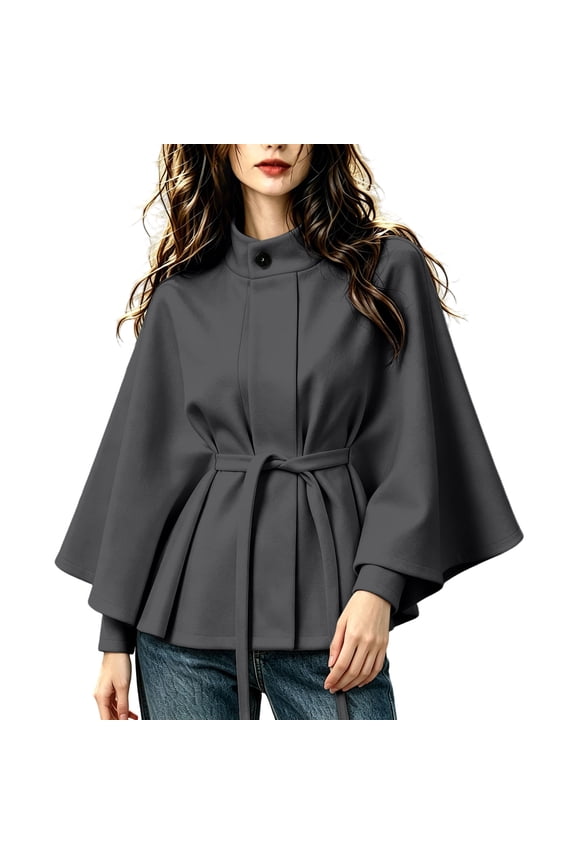 Women's Stand Collar Cape Coat Elegant Belted Wool Blend Jacket Loose Fit Outerwear for Fall Winter (L, Dark Gray)