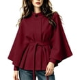 thumbnail image 1 of Women's Stand Collar Cape Coat Elegant Belted Wool Blend Jacket Loose Fit Outerwear for Fall Winter (XL, Red), 1 of 5