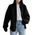 thumbnail image 1 of Women's Stand Collar Cardigan Long Sleeve Zipper Front Sweater Raglan Casual Fall Outerwear Jacket Coat Black, Free Size, 1 of 7