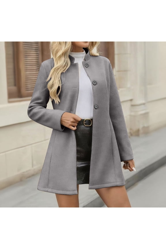 Women's Stand Collar Coat, Single Breasted Mid-Length Jacket, Slim Fit A-Line Peacoat, Tailored Outerwear, Elegant Long Sleeve Overcoat, Modern Trench Style Grey S