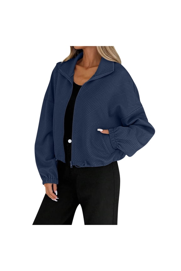 Women’s Stand Collar Cropped Shacket Full Zip Textured Knit Bomber Jacket Loose Fit Short Coat with Pockets Casual Fall Winter Outerwear,Navy,M