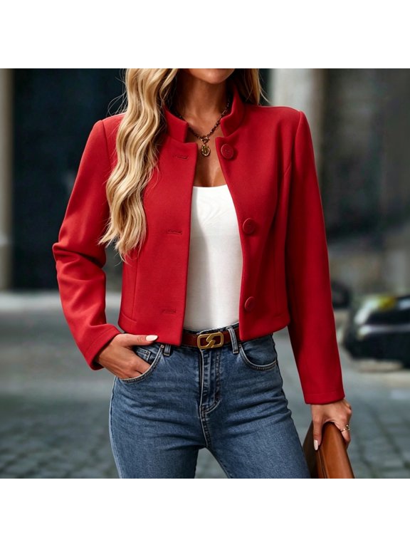 Women's Stand Collar Cropped Wool Blend Jacket,Single Breasted Long Sleeve Elegant Short Outerwear 05-Red S
