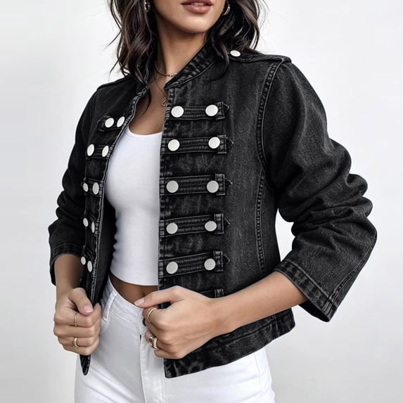 Women's Stand Collar Denim Jacket, Long Sleeve Double Breasted Cropped Jean Coat, Casual Military Style Denim Outerwear for Daily Street Wear 02-Black M