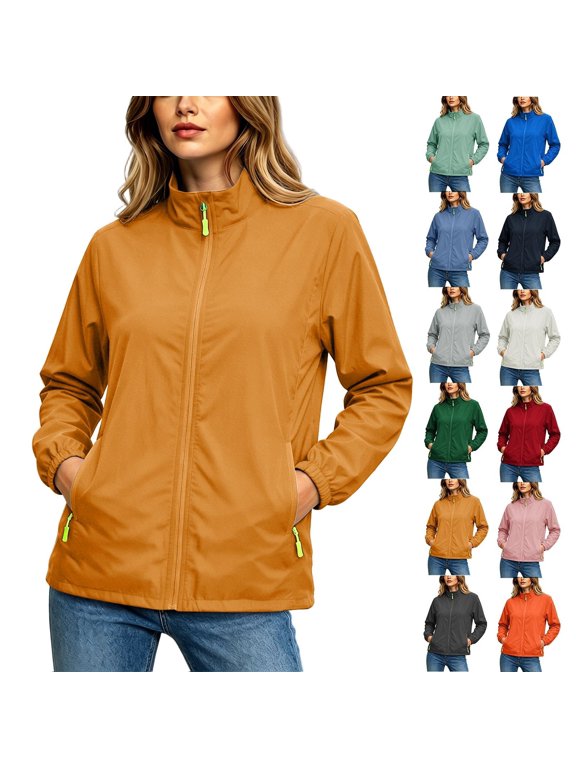 Women's Stand Collar Full Zip Lightweight Windbreaker Jacket,Elastic Cuffs Casual Sports Coat with Zip Pockets,Gold,Women's Plus Size XL
