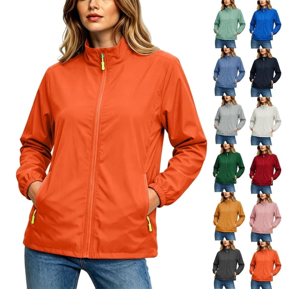 Women's Stand Collar Full Zip Lightweight Windbreaker Jacket,Elastic Cuffs Casual Sports Coat with Zip Pockets,Orange,Women's Plus Size XXXL