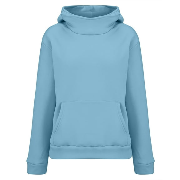 Women's Stand Collar Hooded Pullover Sweatshirt, Soft Comfortable Long Sleeve Thermal Top with Solid Color Design, Warm Casual Fit for Daily Wear and Outdoor Activities Sky Blue L