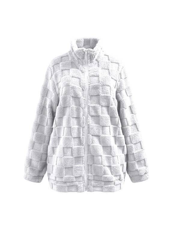 Women's Stand Collar Jacket Loose Fit Crochet Jacquard Checkered Pattern Zip Up Cozy Soft Outerwear For Daily Casual Wear
