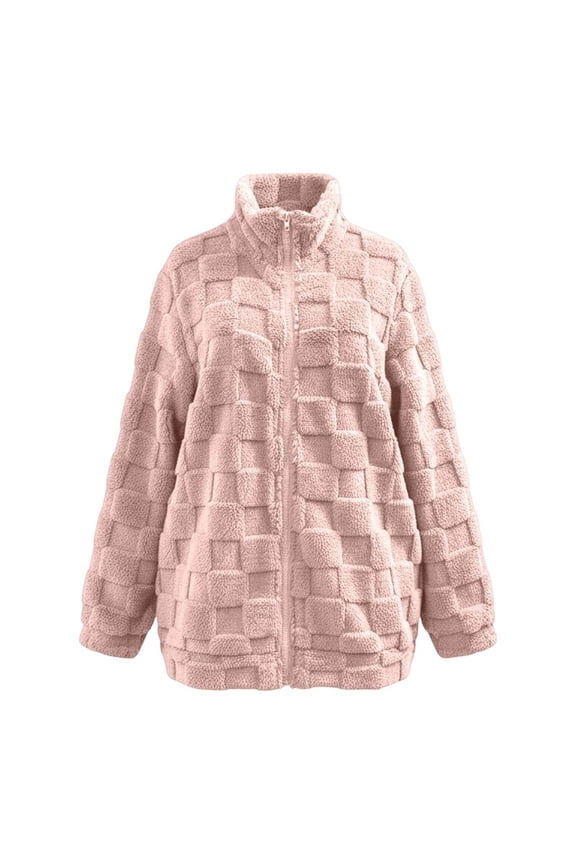 Women's Stand Collar Jacket Loose Fit Crochet Jacquard Checkered Pattern Zip Up Cozy Soft Outerwear For Daily Casual Wear
