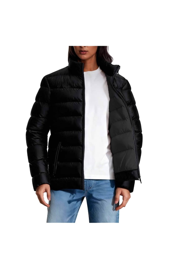 Women's Stand Collar Lightweight Puffer Jacket - Quilted Padded Zip Up Winter Coat, Soft Warm Outdoor Cold Weather Outerwear with Pockets