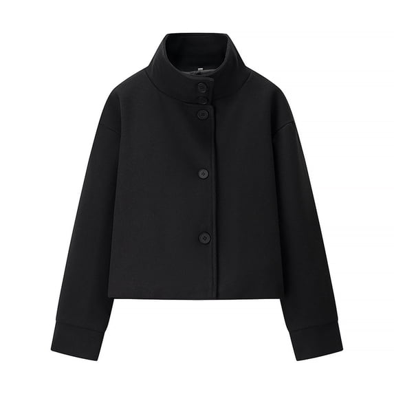 Women's Stand Collar Long Sleeve Solid Button Down Woolen Jacket Coat Black L