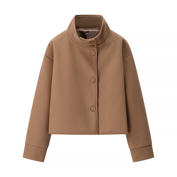 Women's Stand Collar Long Sleeve Solid Button Down Woolen Jacket Coat Brown L