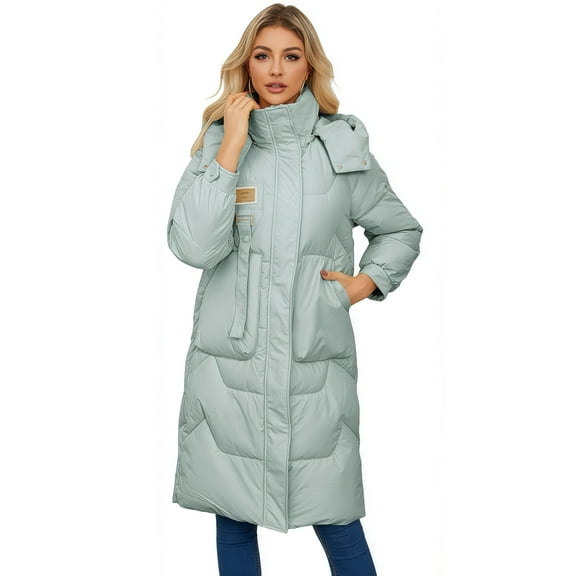 Women's Stand Collar Mid-Length Cotton Padded Coat with Removable Hood & Pockets, Green Long Sleeve Zipper Design, Windproof Warm Heavyweight Casual Jacket for Spring Autumn Winter, S-XL