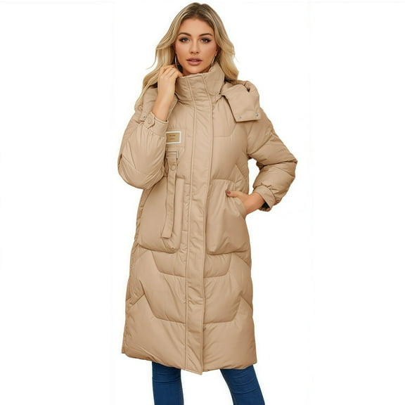 Women's Stand Collar Mid-Length Cotton Padded Coat with Removable Hood & Pockets, Khaki Long Sleeve Zipper Design, Windproof Warm Heavyweight Casual Jacket for Spring Autumn Winter, S-XL