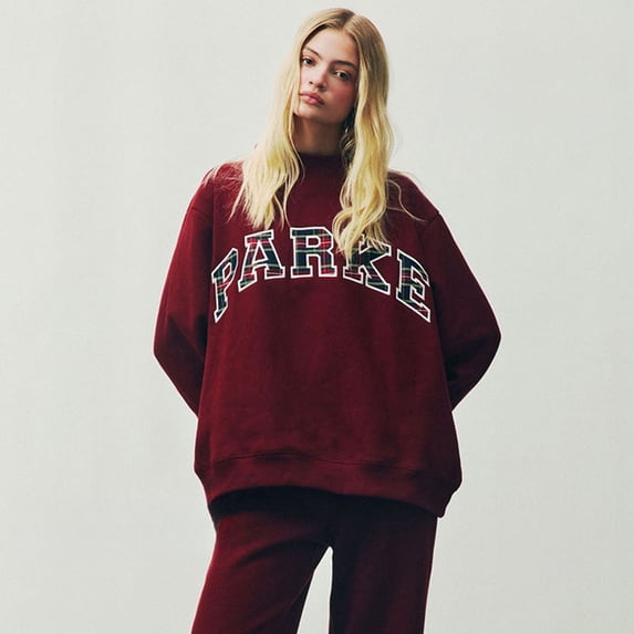Women's Stand Collar Oversized Sweatshirt, PARKE Letter Patch Embroidery High Neck Loose Fit Casual Pullover Sweat Tops
