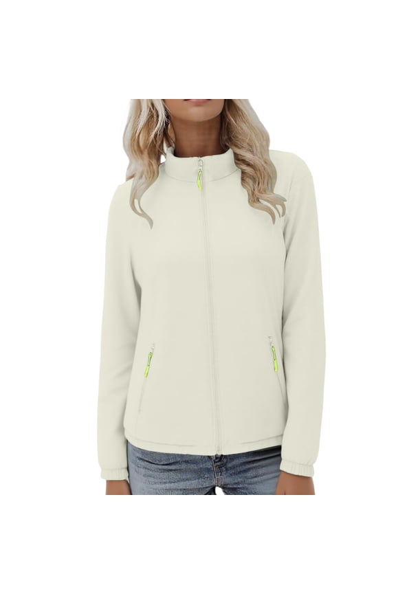 Women's Stand Collar Packable Sun Protection Windbreaker Lightweight Full Zip Elastic Cuff Zipper Side Pockets Running Travel Jacket Windbreaker Jackets for Women White L