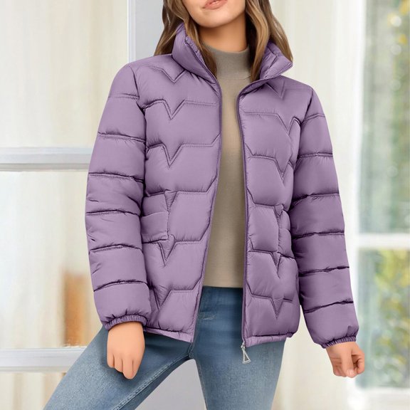 Women's Stand Collar Puffer Jacket, Plus Size Lightweight Quilted Winter Coat, Full Zip Casual Jacket, Oversized Warm Coat, Everyday Outerwear Purple XXXXXL