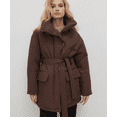 thumbnail image 1 of Women's Stand Collar Puffer Pattern Cotton Jacket Belt Button Up Long Sleeve Warm Coat Winter Outerwear, 1 of 7