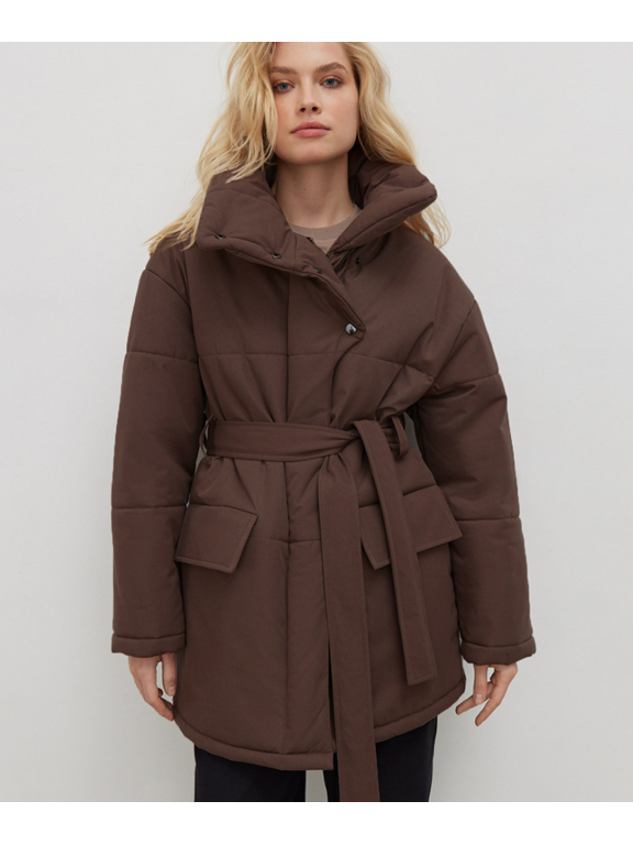 Women's Stand Collar Puffer Pattern Cotton Jacket Belt Button Up Long Sleeve Warm Coat Winter Outerwear