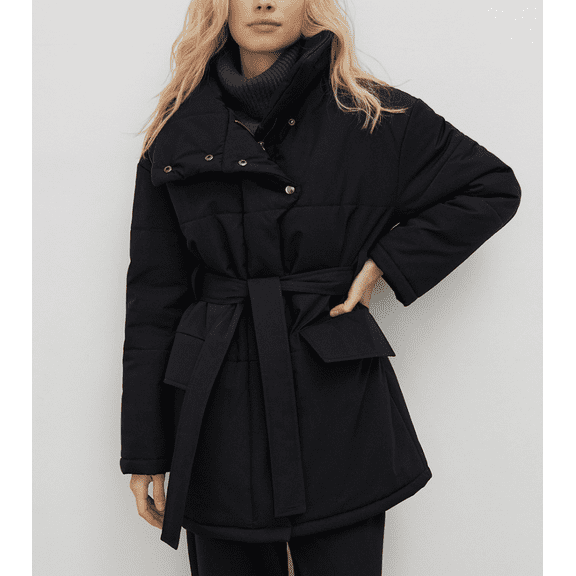Women's Stand Collar Puffer Pattern Cotton Jacket Belt Button Up Long Sleeve Warm Coat Winter Outerwear