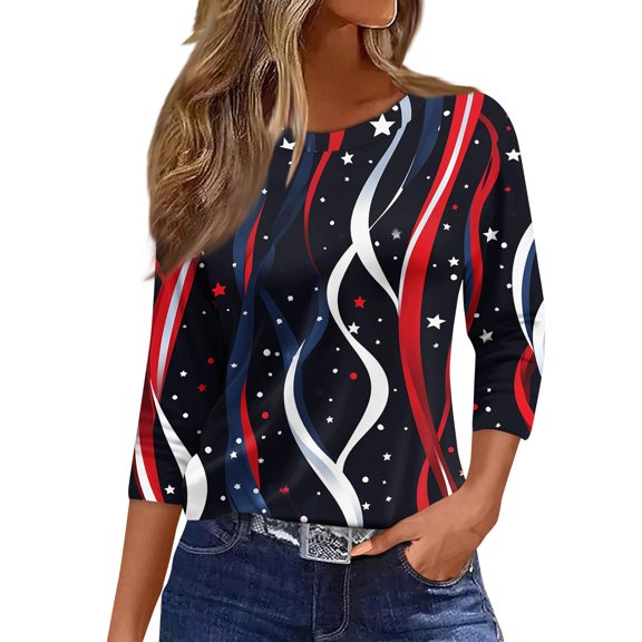 Women's Stand Collar Pullover Blouse, 3/4 Sleeve Independence Day Themed Casual Top for Spring Layering, Soft & Quick-Dry Material,Dark Blue XL