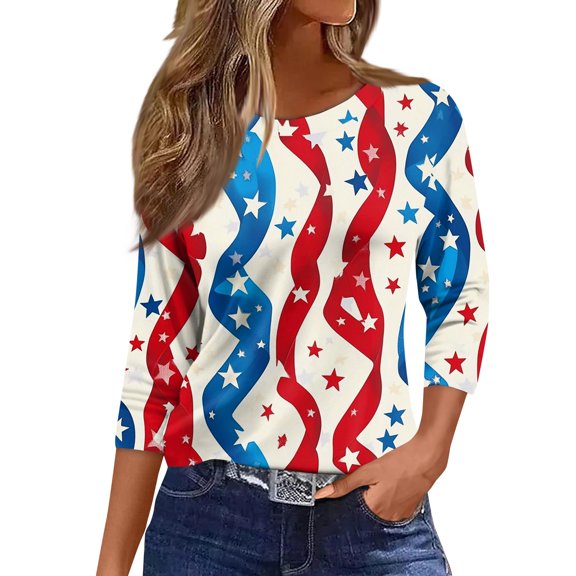 Women's Stand Collar Pullover Blouse, 3/4 Sleeve Independence Day Themed Casual Top for Spring Layering, Soft & Quick-Dry Material,Sky Blue XL
