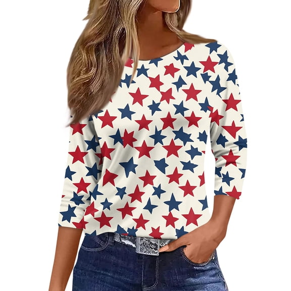 Women's Stand Collar Pullover Blouse, 3/4 Sleeve Independence Day Themed Casual Top for Spring Layering, Soft & Quick-Dry Material,White L
