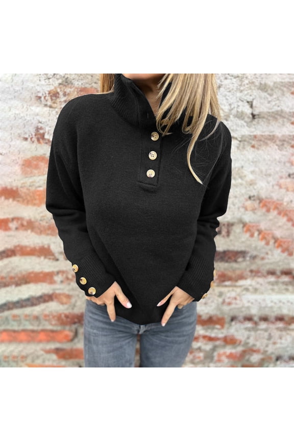 Women's Stand Up Collar Quarter Button Sweater, Solid Color Loose Fit Pullover, Casual Long Sleeve Top, Everyday Wear, Fall Winter Sweater, Button Detail Sweater Black XXL