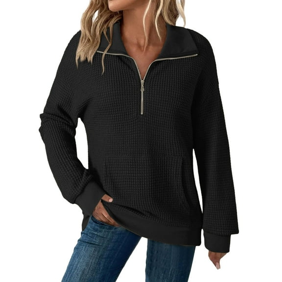Women's Stand Collar Quarter Zip Fleece Pullover, Oversized Solid Color Long Sleeve Sweatshirt with Soft Comfort Fabric for 2025 Fall Fashion, Casual Daily Wear and Street Style Outfits Black M