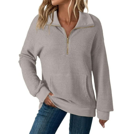 Women's Stand Collar Quarter Zip Fleece Pullover, Oversized Solid Color Long Sleeve Sweatshirt with Soft Comfort Fabric for 2025 Fall Fashion, Casual Daily Wear and Street Style Outfits Light Ashy