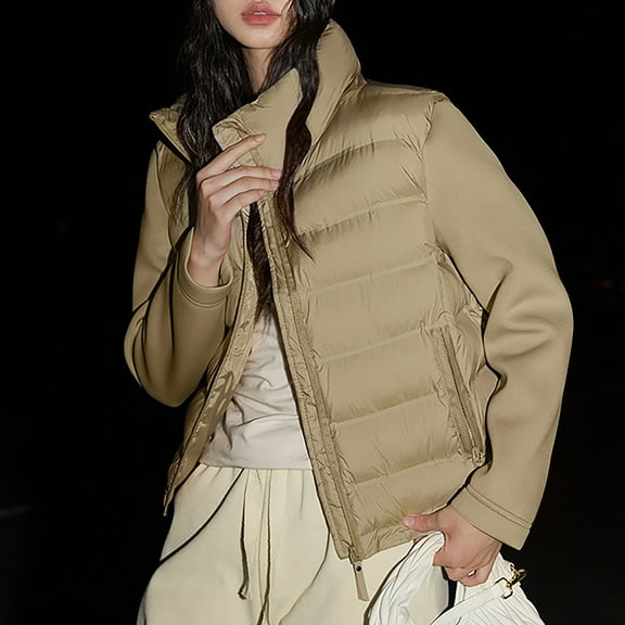 Women's Stand Collar Quilted Puffer Jacket Long Sleeve Zipper down Coat for Women Winter down Coat with Pockets