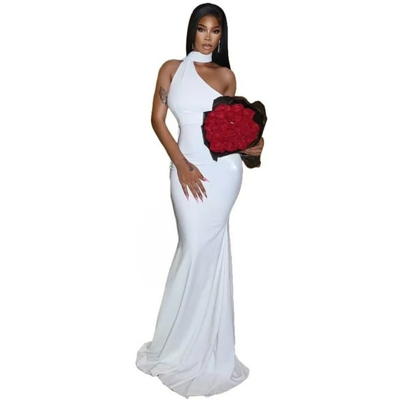 Women's Stand Collar Ribbons Sleeveless Pleated Irregular Long Dress, Hips Wrapped, Solid Color