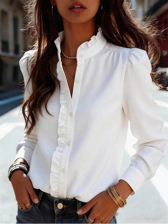 Women's Stand Collar Ruffle Blouse, Puff Long Sleeve Button Down Elegant Casual Shirt