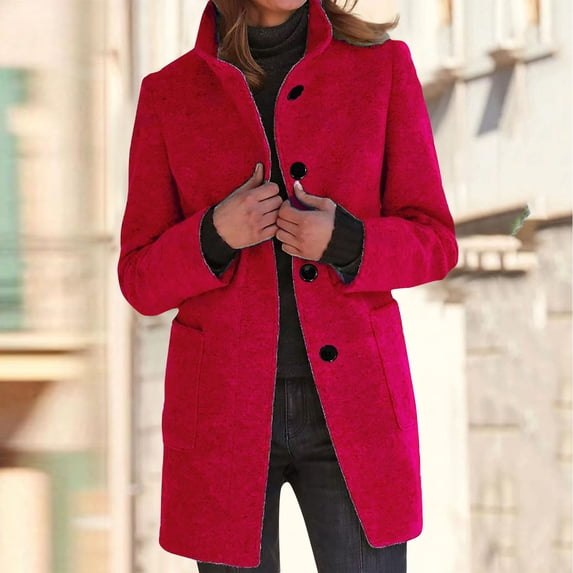 Women's Stand Collar Single Breasted Wool Blend Coat, Mid-Length Long Sleeve Casual Overcoat with Pockets for Fall Winter 12-Red XXXL
