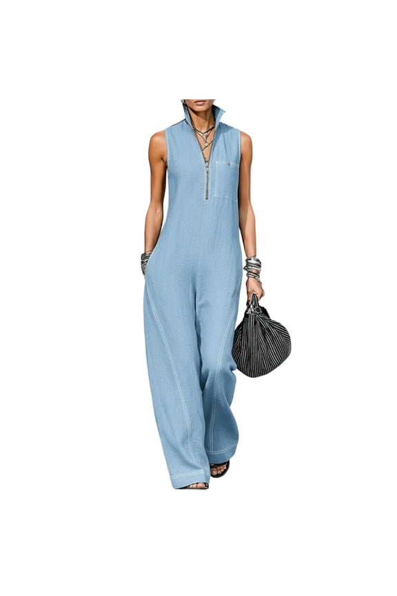 Women's Stand Collar Sleeveless Wide Leg Jumpsuit Summer Casual Zip Front One Piece Rompers with Pockets S