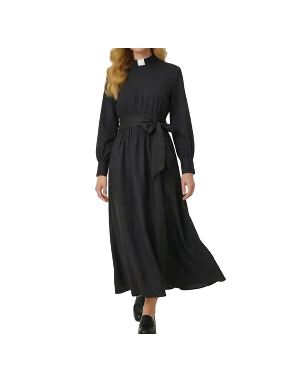 Women's Stand Collar Tie Waist Long Sleeve Maxi Dress Balloon Sleeve Flowy Dresses for Women Black 3XL