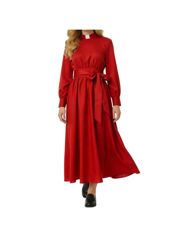 Women's Stand Collar Tie Waist Long Sleeve Maxi Dress Balloon Sleeve Flowy Dresses for Women Red S